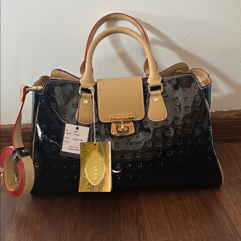 Arcadia Black patent leather and Tan Satchel with Red Accents - Picture 2 of 9